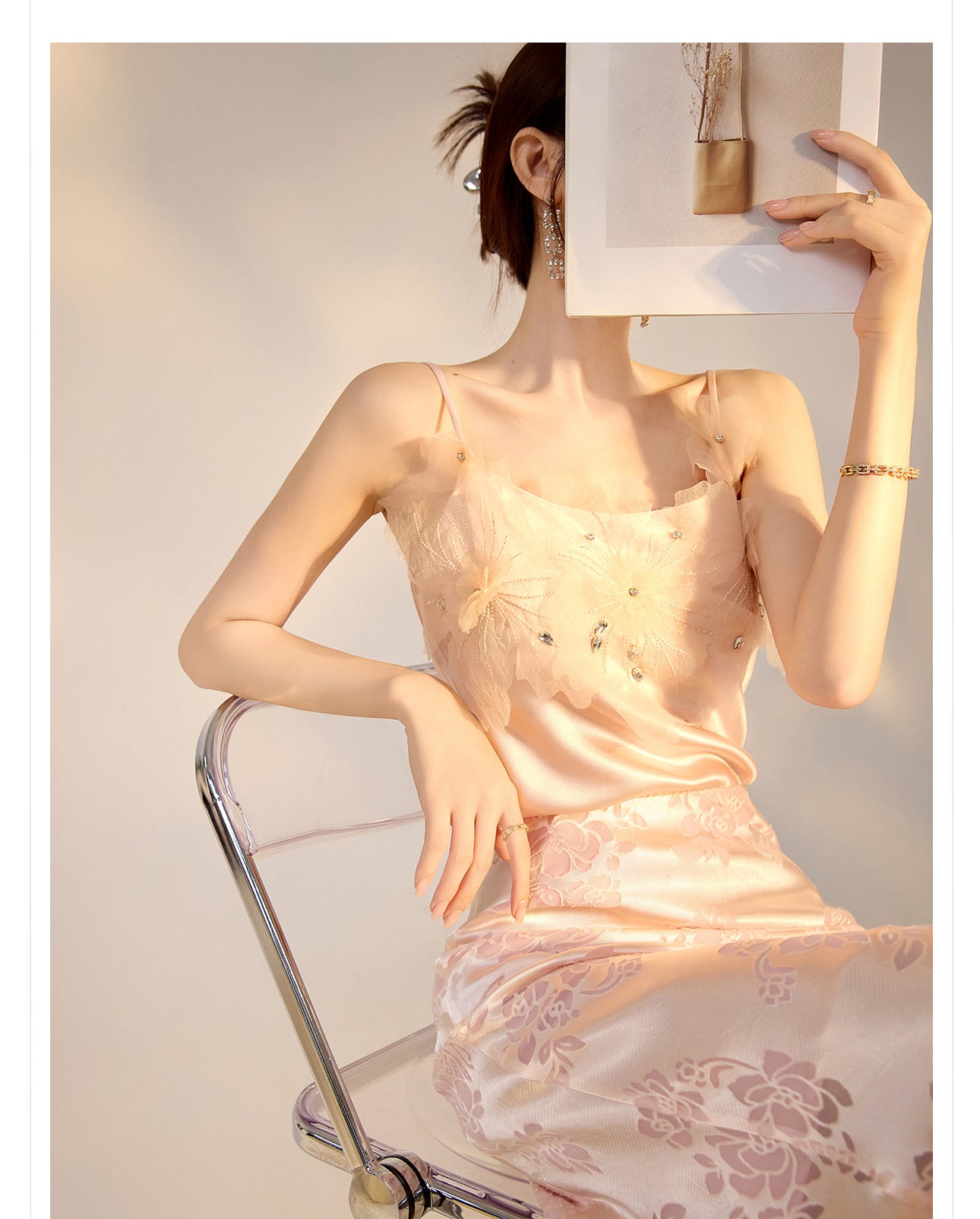 New Chinese Style Beaded Floral Acetate Top | Elegant Short Camisole