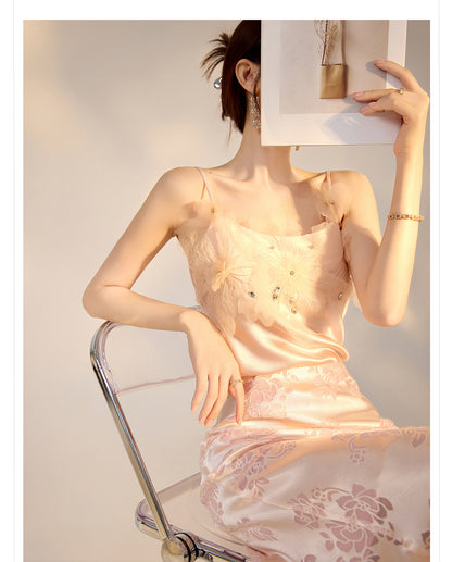 New Chinese Style Beaded Floral Acetate Top | Elegant Short Camisole