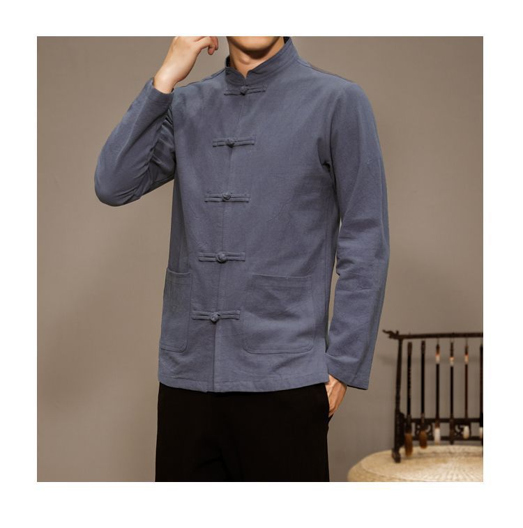 Men’s Chinese Style Cotton Linen Tang Shirt Long Sleeve Casual Retro