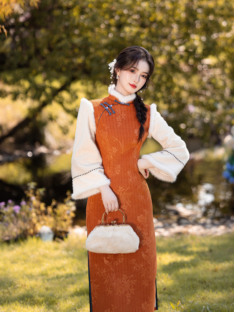 2025 Winter Chenille Fleece Long Cheongsam Patchwork New Chinese Style