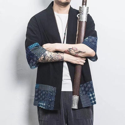 Summer Chinese Hanfu Cardigan Men’s Cotton Linen Patchwork Robe
