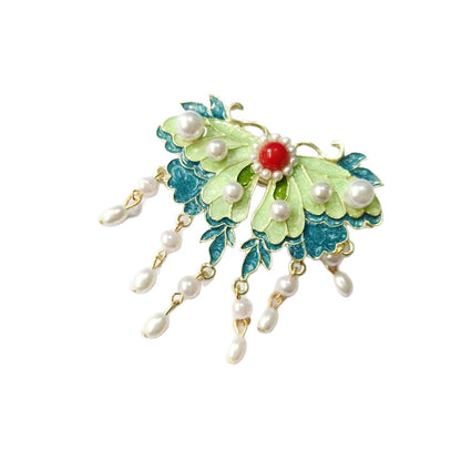 Blue Enamel Hair Clip Chinese Style Pearl Tassel Butterfly Hairpin