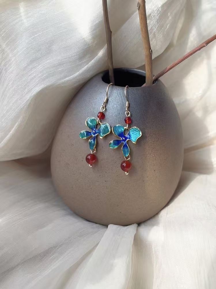 Burnt Blue Red Glaze Earrings | Ancient Style Ming Dynasty Hanfu Cheongsam Accessory
