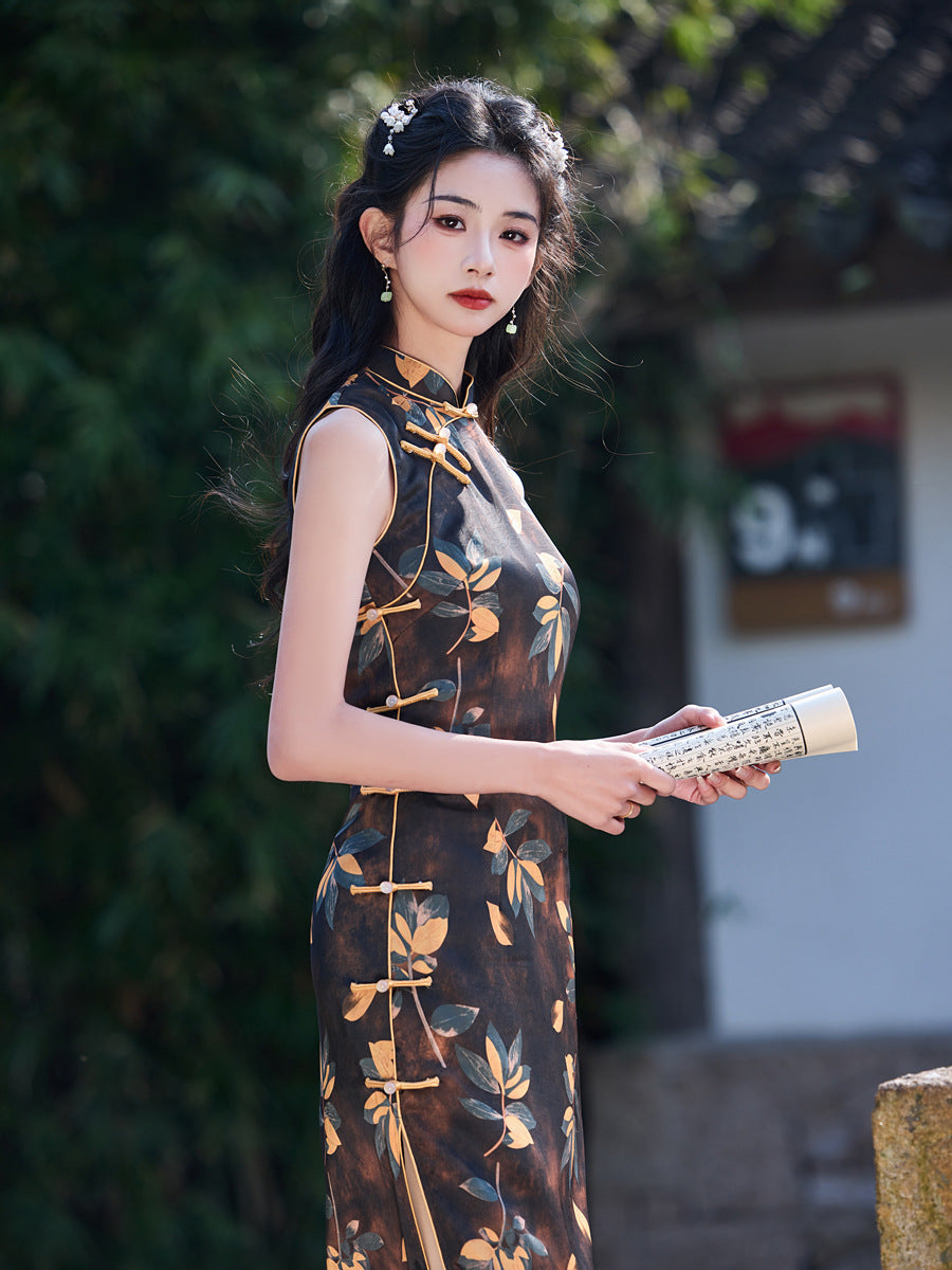 Black Sleeveless Cheongsam – Old Shanghai Printed Slim Dress