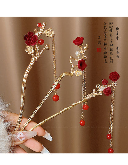 Velvet Rose Hairpin | Elegant Chinese Style Ancient Tassel Ornament