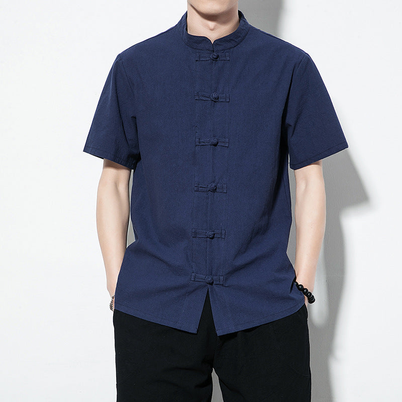 Summer Chinese Style Men’s Shirt — Linen Tang Suit Retro Short Sleeve