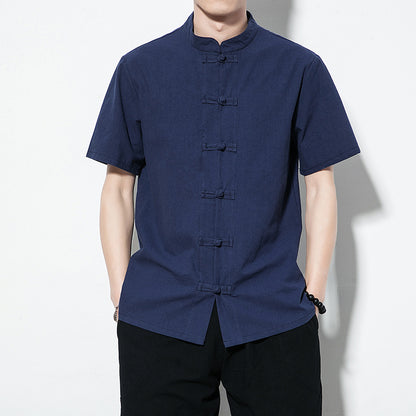 Summer Chinese Style Men’s Shirt — Linen Tang Suit Retro Short Sleeve
