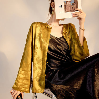 New Chinese Old Money Style Dragon Embroidered Acetate Luxury Coat