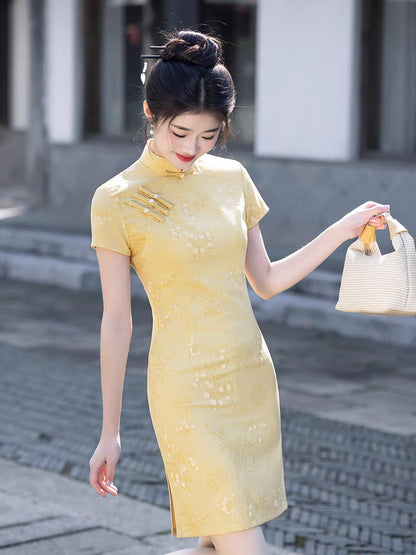 Yellow Cheongsam 2025 – Summer Slim Fit Elegant Daily Dress