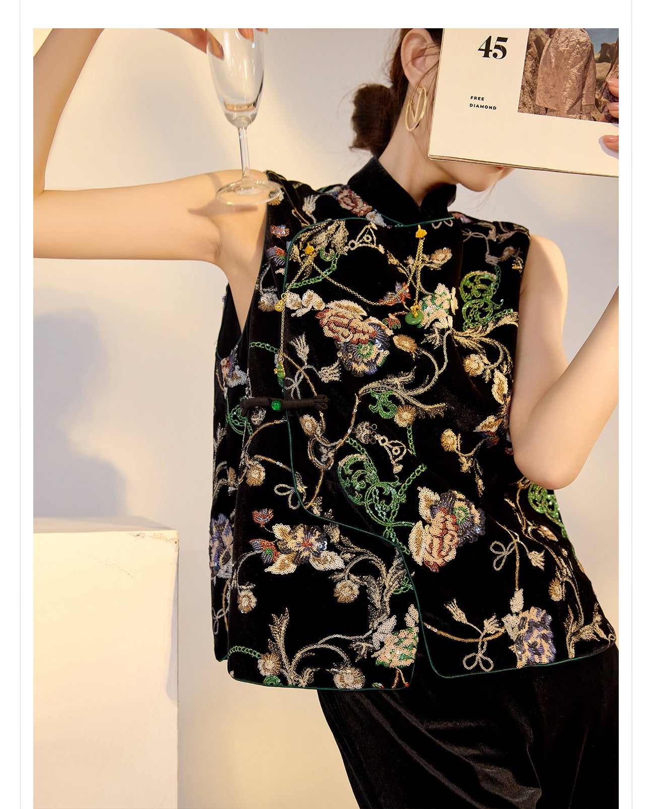 Elegant Velvet Floral Sequin Vest – High-End Women's Fashion