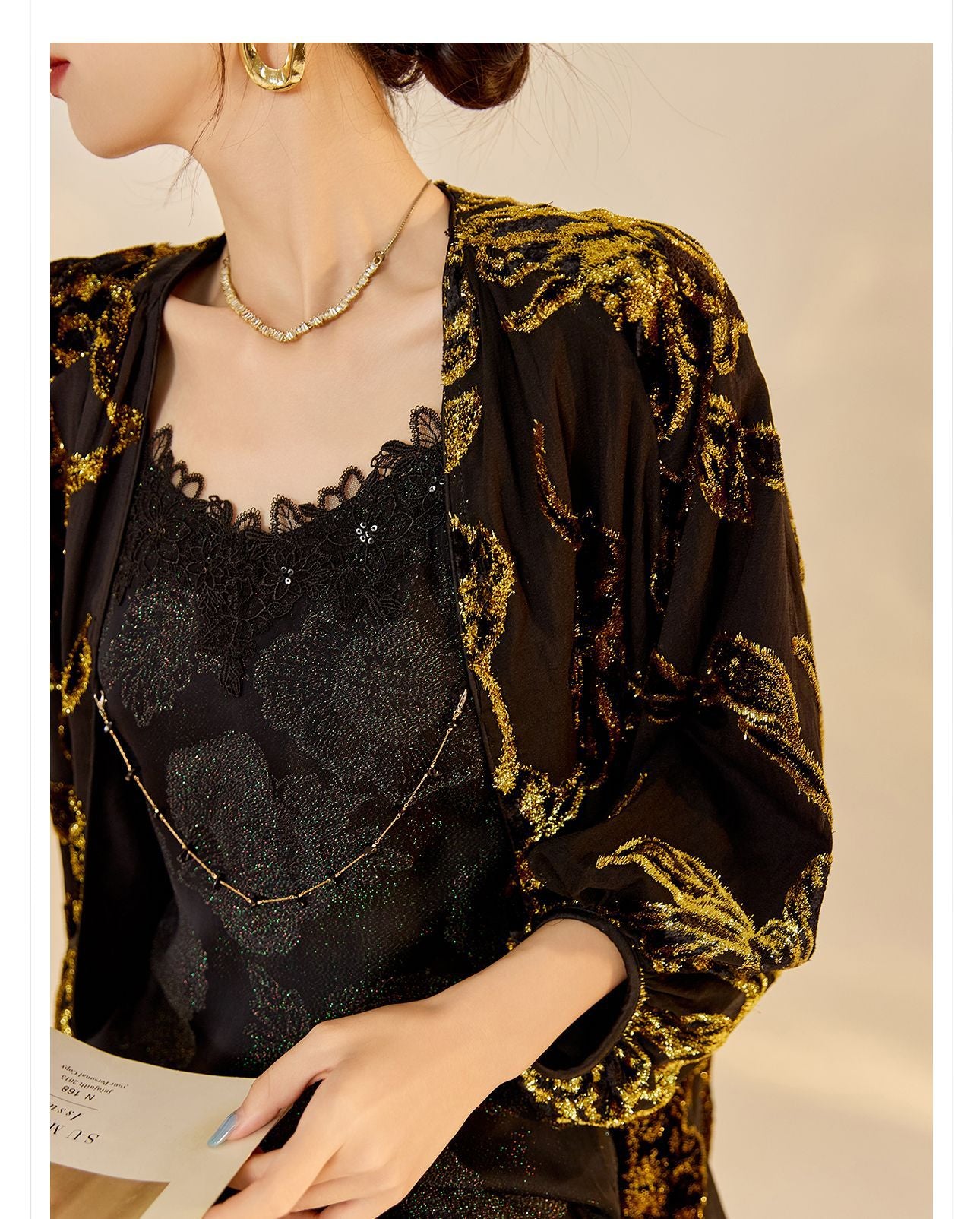 Velvet Burnout Jacket & Printed Cardigan Dress Set for Autumn