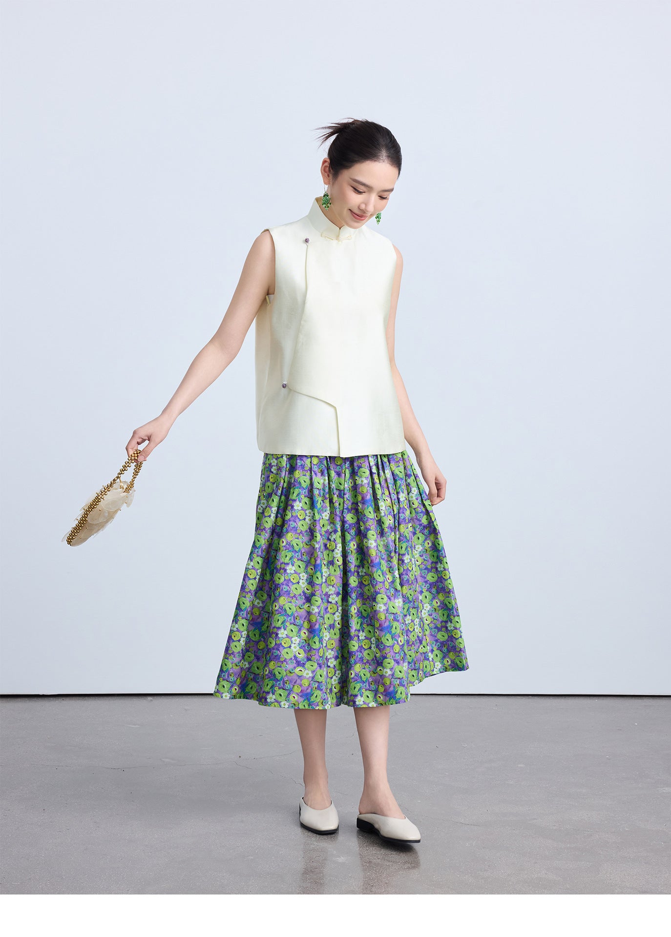 High-End Green Floral Midi Skirt with Elastic Waist
