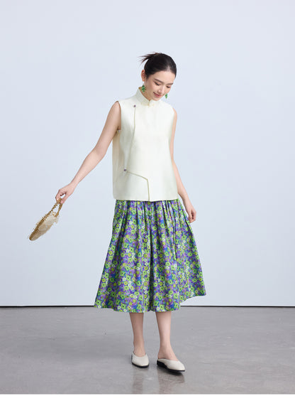 High-End Green Floral Midi Skirt with Elastic Waist
