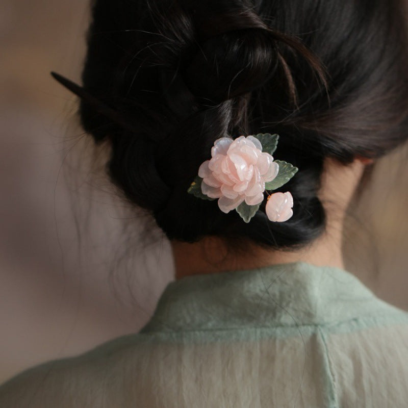 Hanfu Cheongsam Hairpin Pink Peony Forest Style Sweet Hair Accessory