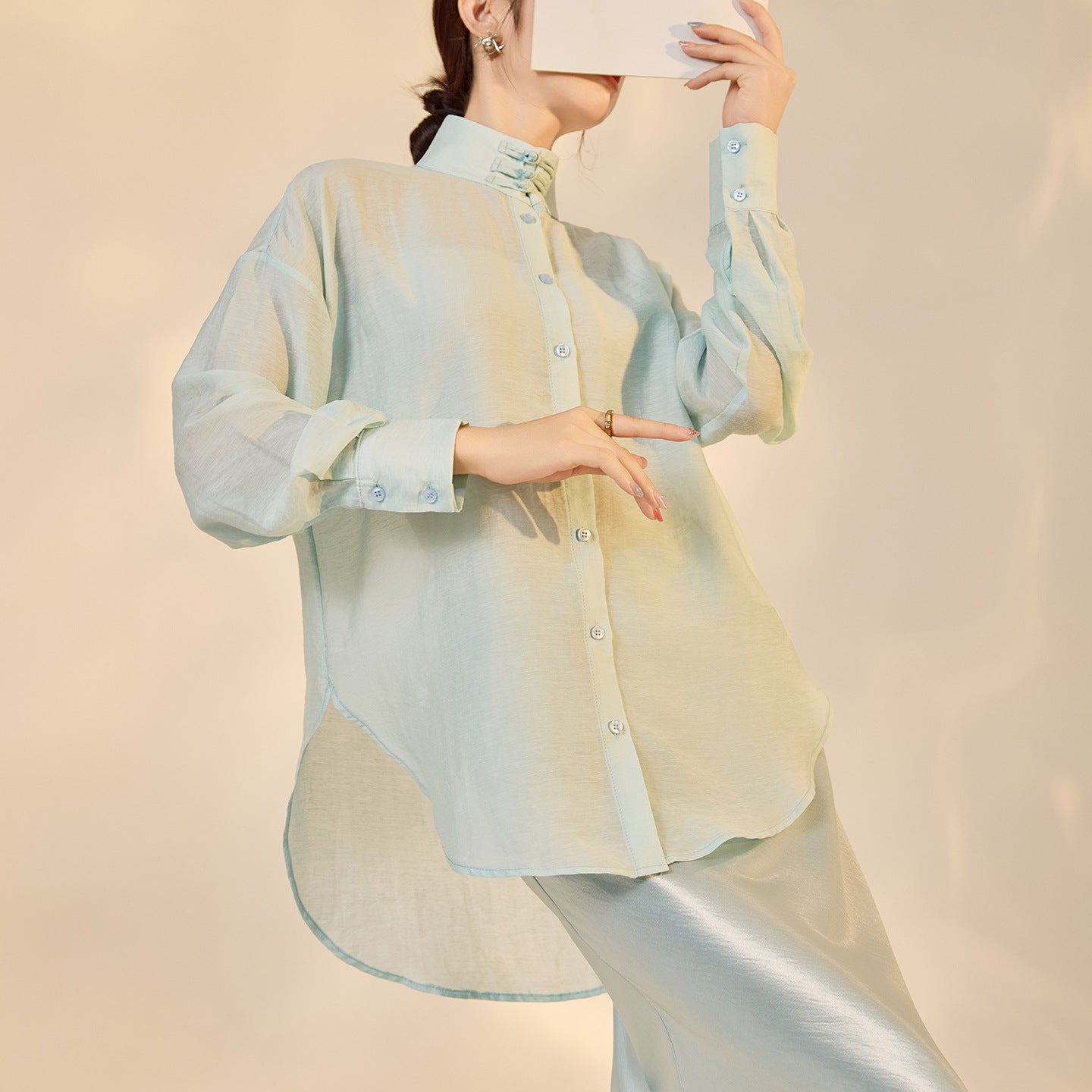 Autumn Button-Up Stand Collar National Style Top & Skirt Set