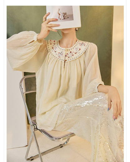 New Chinese Style Embroidered Mesh Shirt | Autumn Light Luxury Elegant Top