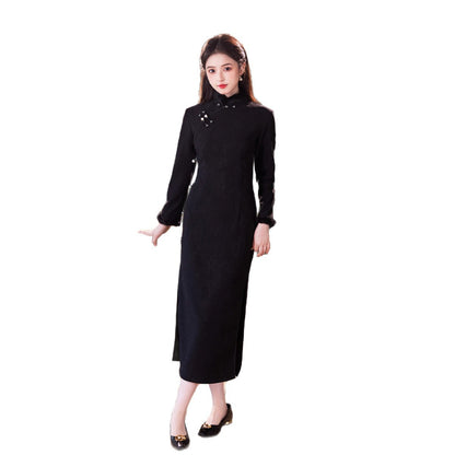 2025 New Black Thickened Cheongsam | Elegant Daily Warm Winter Dress