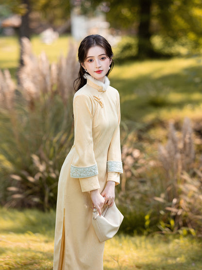 Yellow Fleece-Lined Long Sleeve Qipao | Winter New Chinese Style 2025