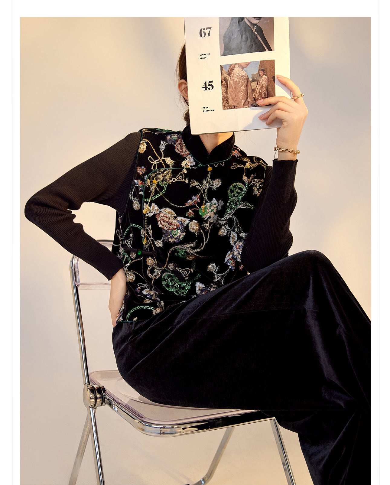 Elegant Velvet Floral Sequin Vest – High-End Women's Fashion