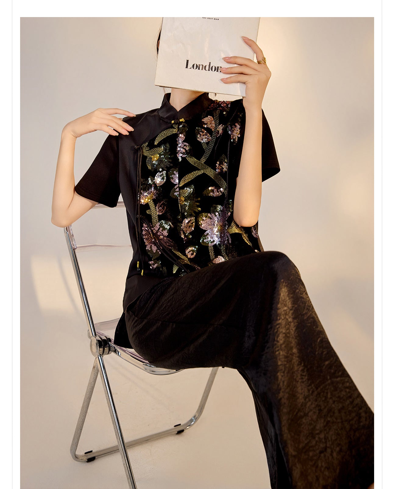 New Chinese Style High-Waist Wide-Leg Acetate Pants for Women