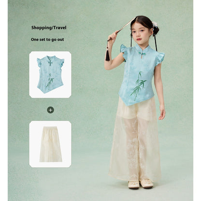 Children’s Chinese Summer Set — Shirt Top & Loose Wide-Leg Pants