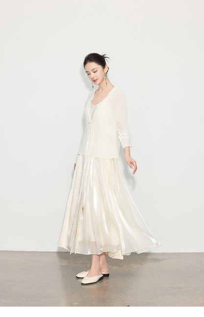 Chic Long Patchwork Mesh Skirt with Design Details