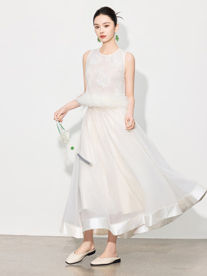 Double-Layer Mesh Patchwork Long Skirt with Elastic Waist