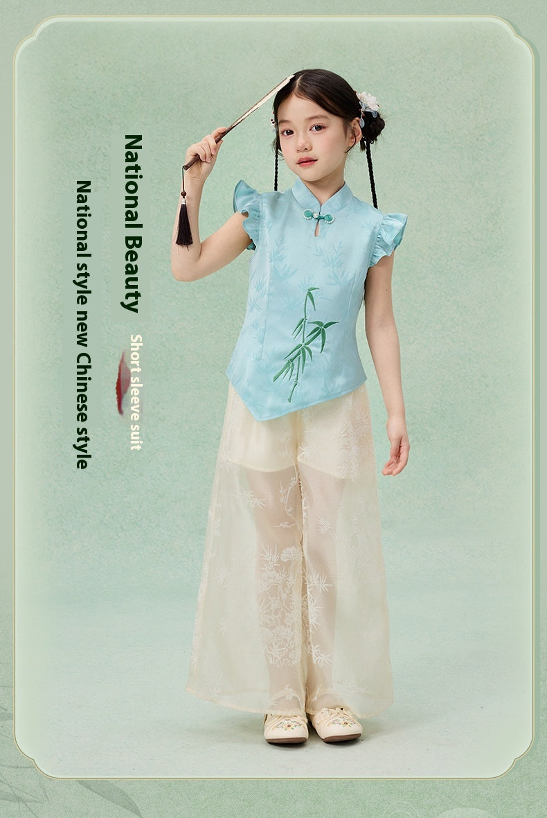 Children’s Chinese Summer Set — Shirt Top & Loose Wide-Leg Pants