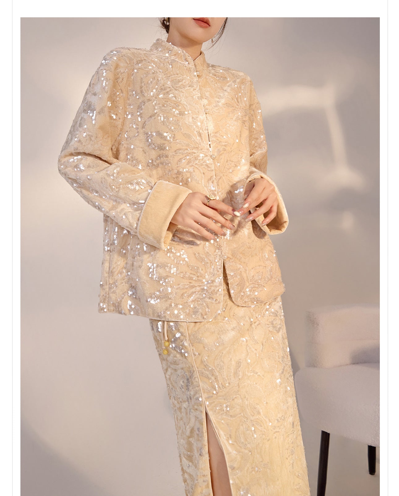 New Chinese Satin Floral Sequin Button Light Luxury Loose Coat
