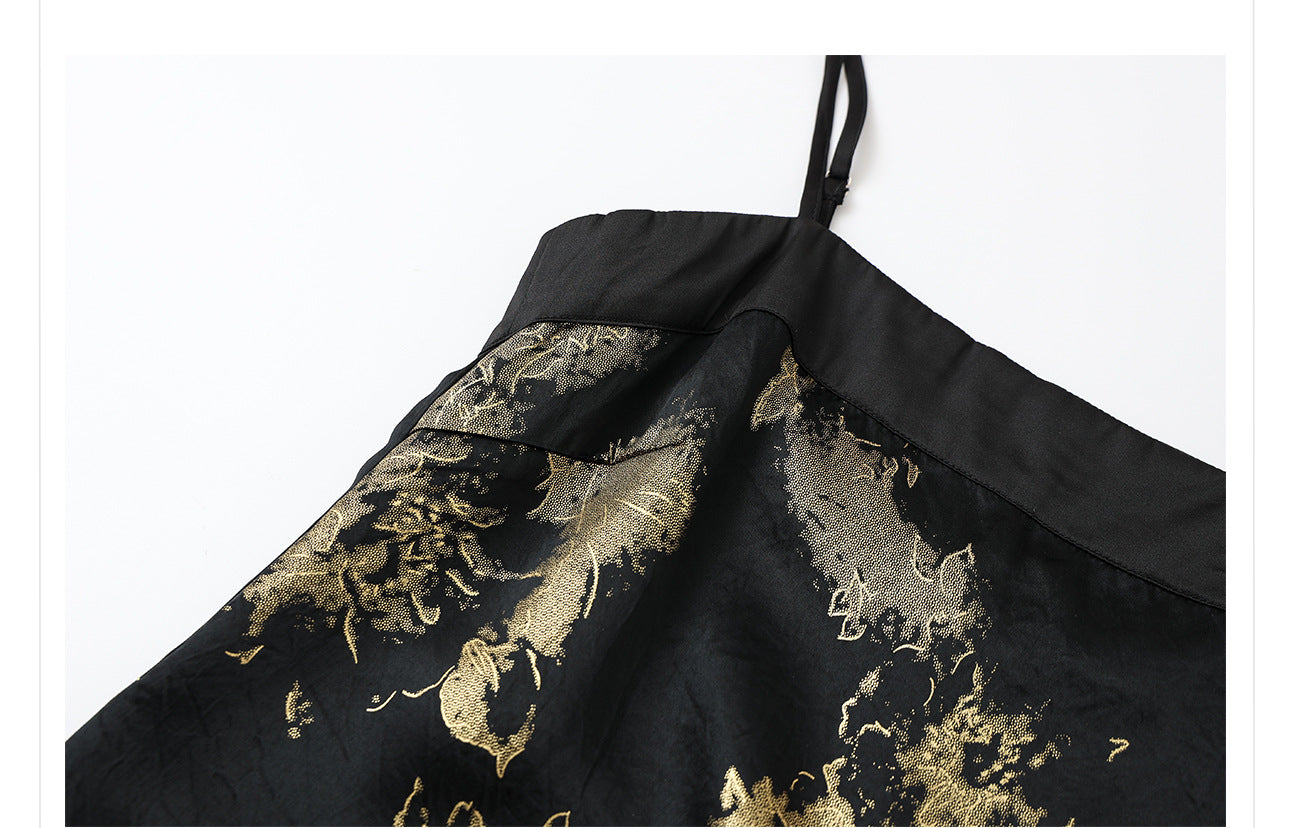 Summer New Chinese Printed Rayon Shirt & Strap Dress Set