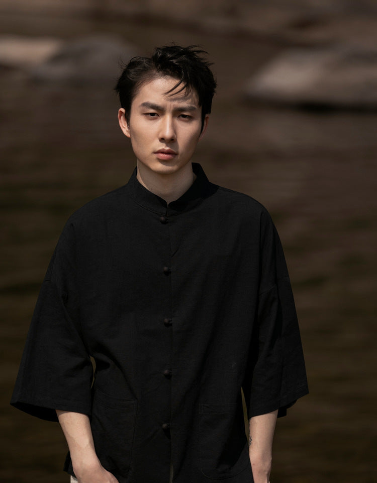 Summer Chinese Cotton Linen Shirt Men Casual Thin Youth Trend Top