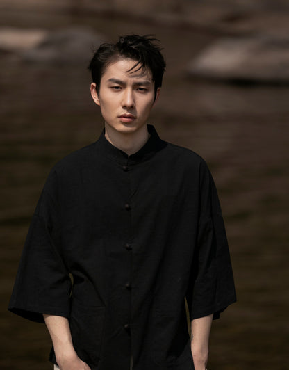 Summer Chinese Cotton Linen Shirt Men Casual Thin Youth Trend Top