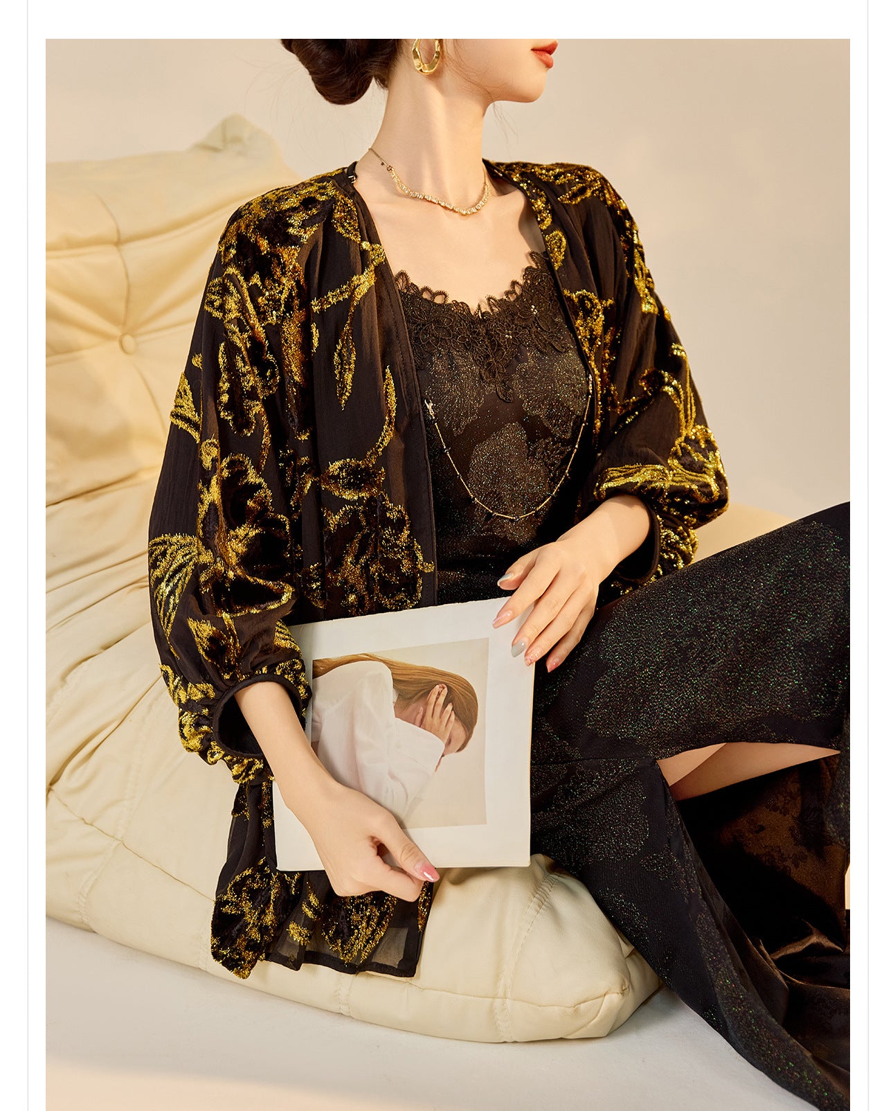 Velvet Burnout Jacket & Printed Cardigan Dress Set for Autumn