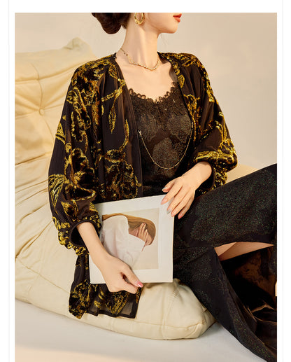 Velvet Burnout Jacket & Printed Cardigan Dress Set for Autumn