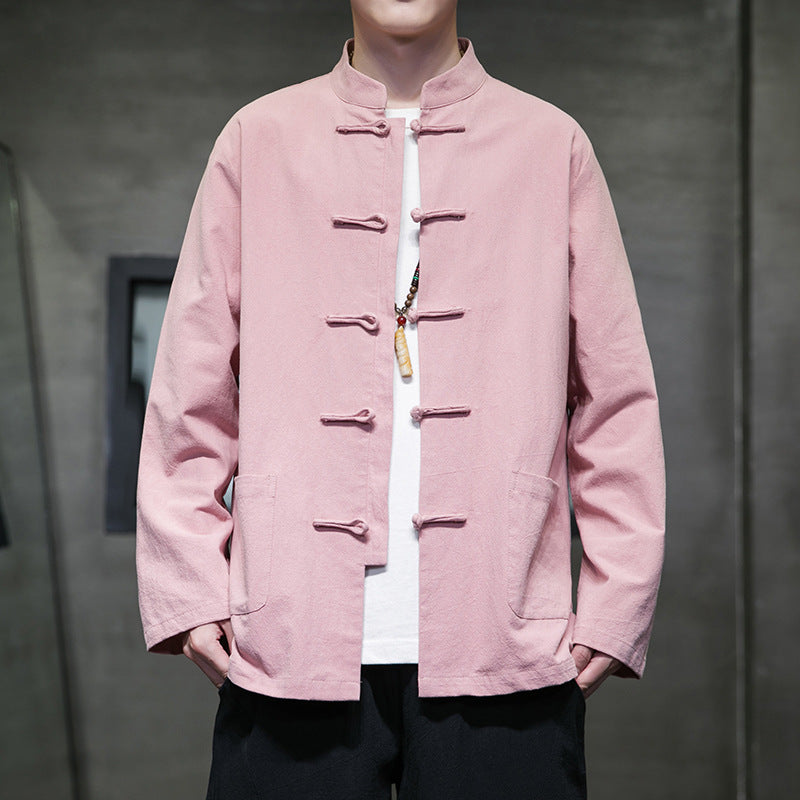Mens Autumn Chinese Style Hanfu Tang Suit Button Up Cotton Linen Top