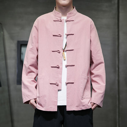 Mens Autumn Chinese Style Hanfu Tang Suit Button Up Cotton Linen Top