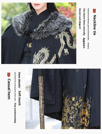Men's Fleece-Lined Fur Collar Cloak New Chinese Style Winter Hanfu