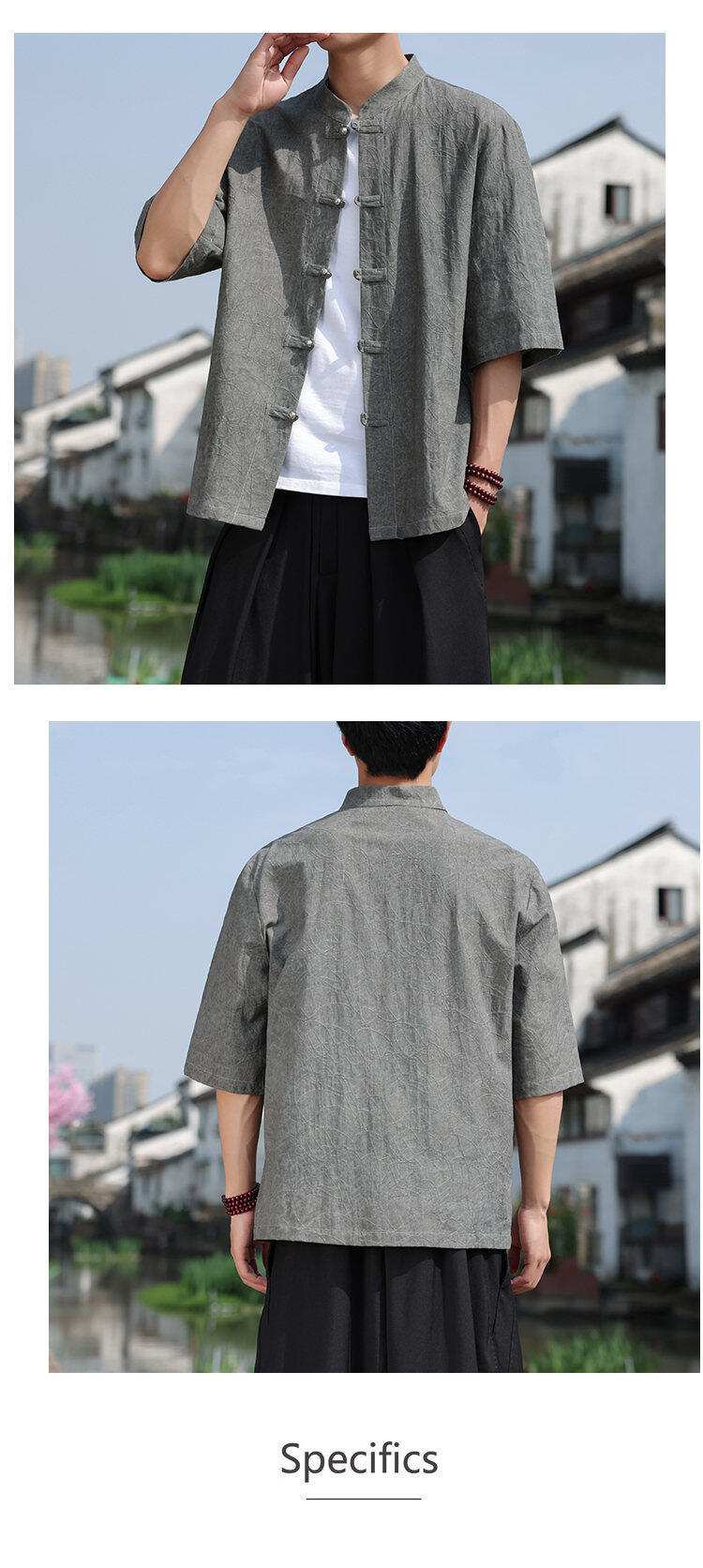 Chinese Style Mens Metal Button Jacquard Tang Shirt Summer Hanfu Top