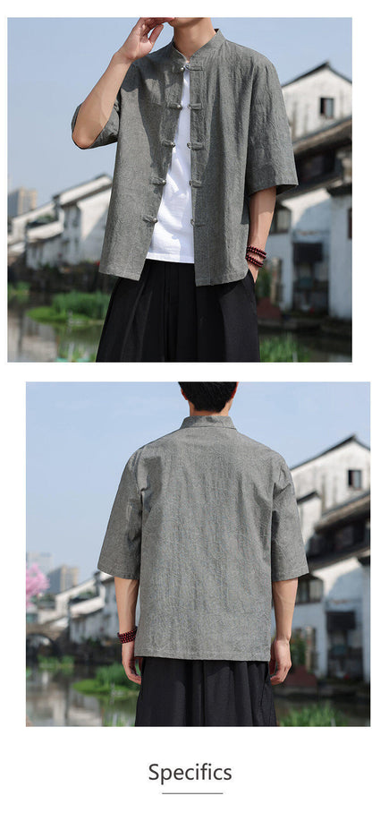 Chinese Style Mens Metal Button Jacquard Tang Shirt Summer Hanfu Top