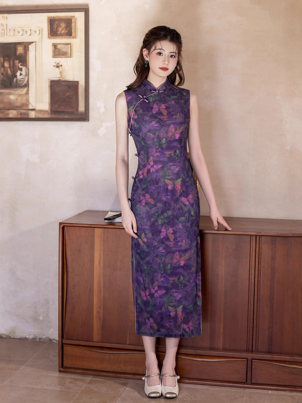 Purple Chinese Style Qipao – Butterfly Elegant Daily Dress