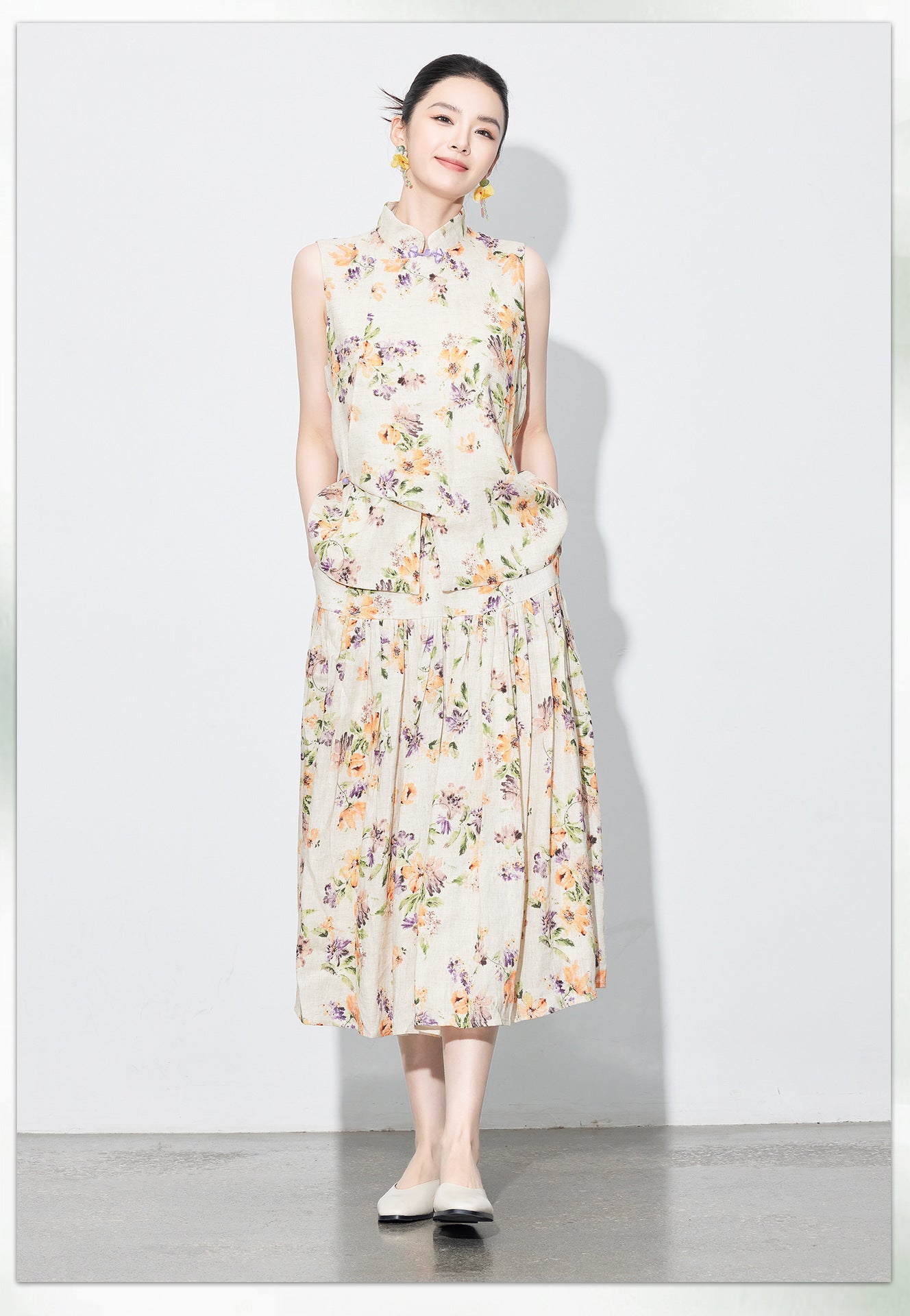 High-End Linen Sleeveless Button Top & Slimming Skirt for Women