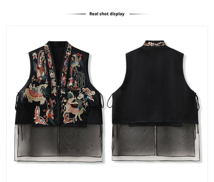 2026 New Chinese Style Silk Embroidered Mesh Patchwork Vintage Vest