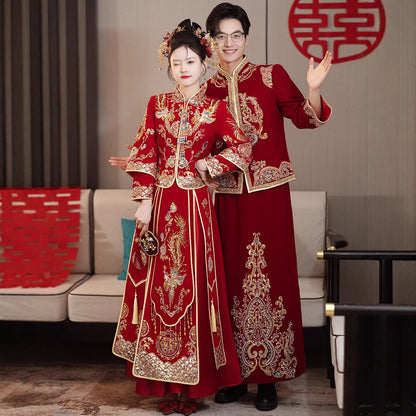 Chinese Wedding Xiuhe Dress Bride Velvet Toast Suit Set