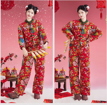 Northeast Floral Winter Jacket Women Thick Ethnic Cotton Coat Set