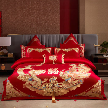 Luxury Red Cotton Wedding Bedding 4-Piece Embroidered Set