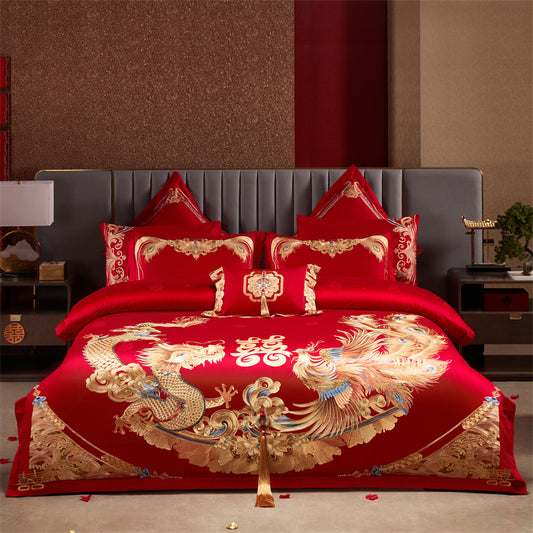 Luxury Red Cotton Wedding Bedding 4-Piece Embroidered Set