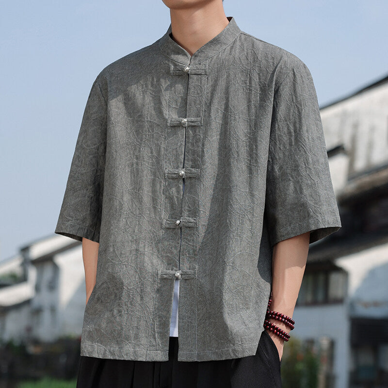 Chinese Style Mens Metal Button Jacquard Tang Shirt Summer Hanfu Top