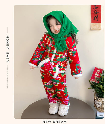 Winter Girls Floral Jacket & Pants Thickened Two-Piece Set