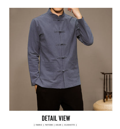 Men’s Chinese Style Cotton Linen Tang Shirt Long Sleeve Casual Retro