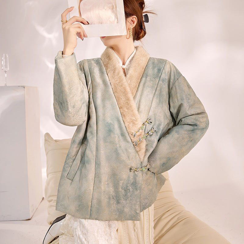 New Chinese Style Feather Collar Embroidered Cotton Jacket for Women